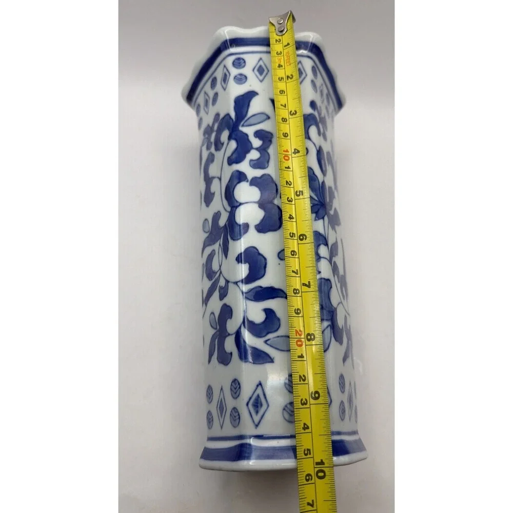 James Alex Imp. Porcelain Vase Blue & White Floral Hexagon 10